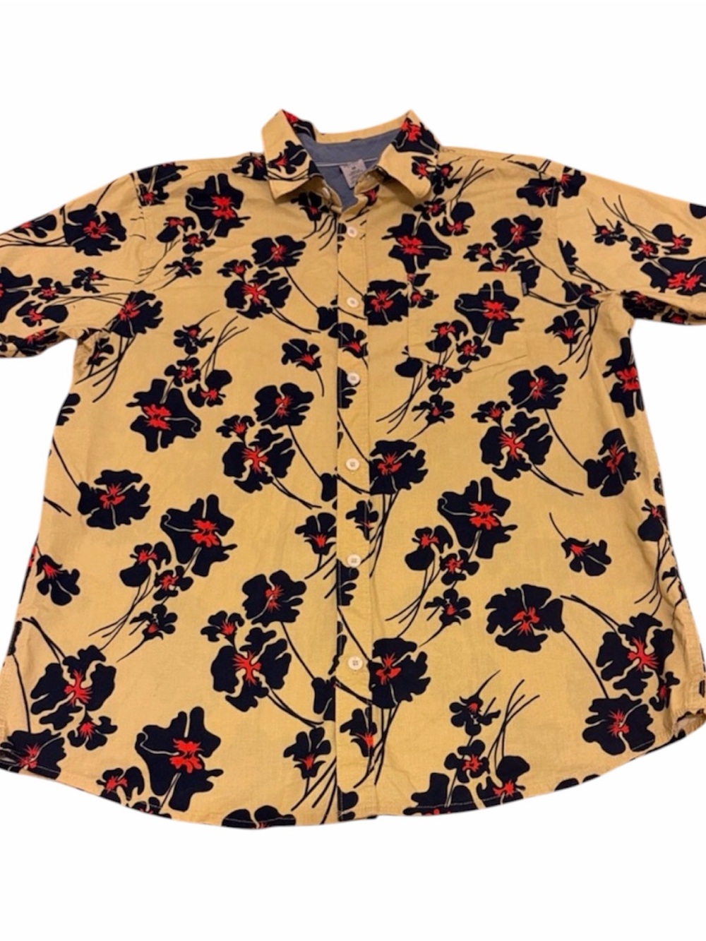 Hurley Yellow Short-Sleeve Button-Up with Black and Red Floral Print Size M